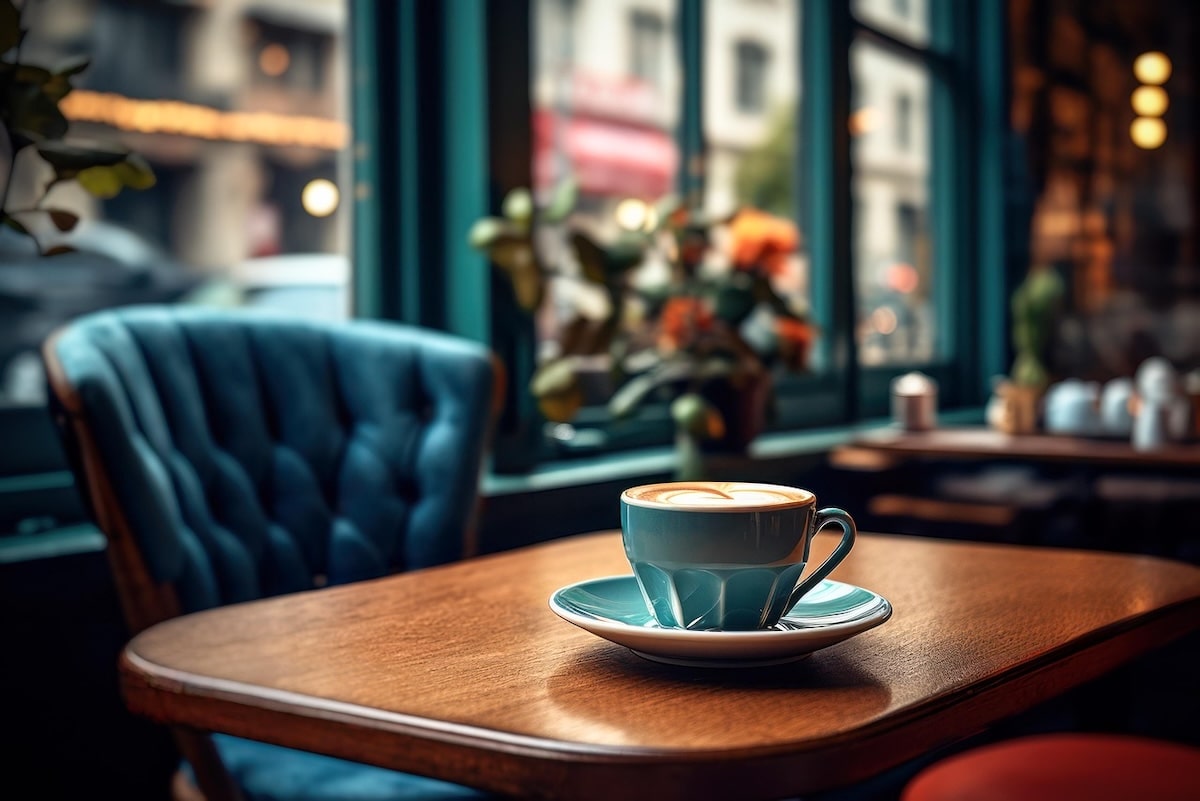 A teal coffee cup with latte art on a saucer, placed on a wooden table in a cozy café with a tufted blue chair and large windows in the background.