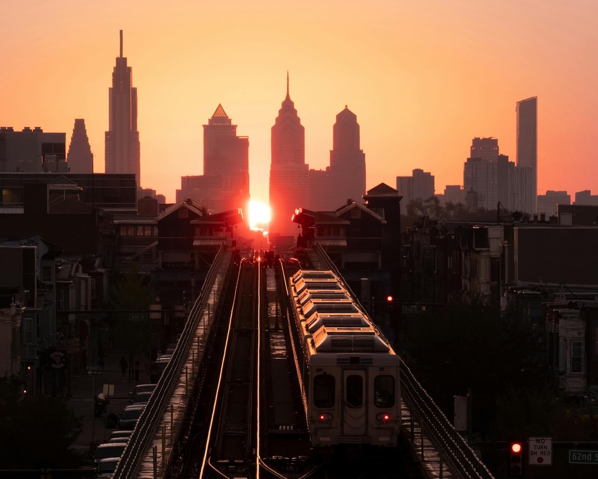 Train during sunrise>